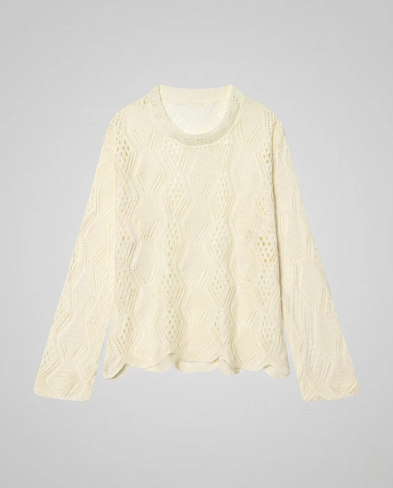 Damen Feinstrickpullover mit Ajourmuster, Rundhalsausschnitt und geschwungener Saum Nord Taschen