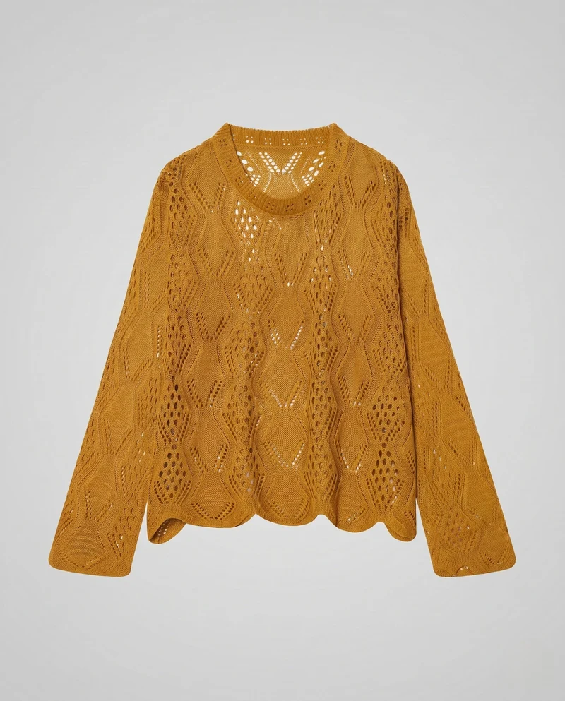 Damen Feinstrickpullover mit Ajourmuster, Rundhalsausschnitt und geschwungener Saum Nord Taschen
