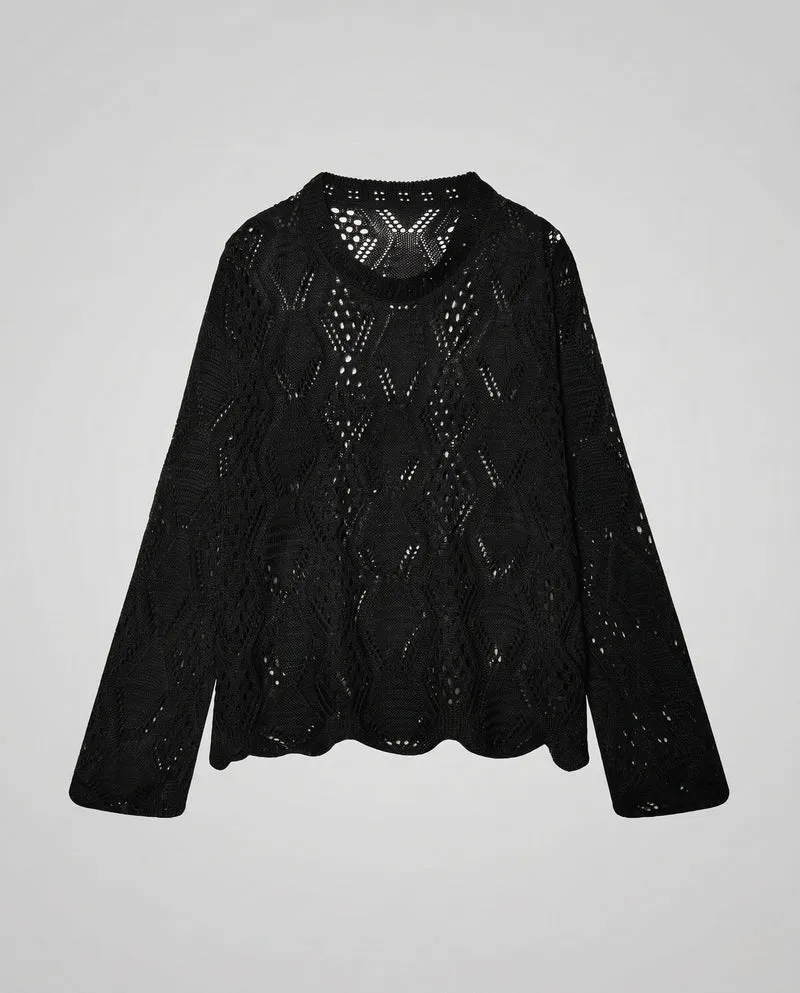 Damen Feinstrickpullover mit Ajourmuster, Rundhalsausschnitt und geschwungener Saum Nord Taschen