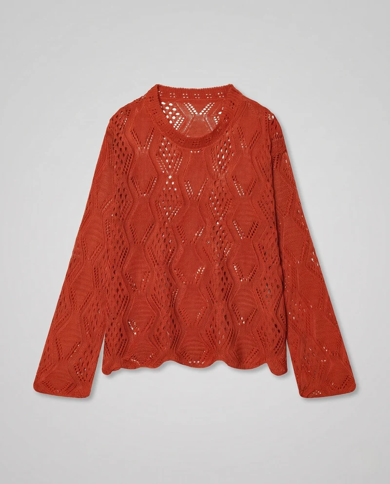Damen Feinstrickpullover mit Ajourmuster, Rundhalsausschnitt und geschwungener Saum Nord Taschen