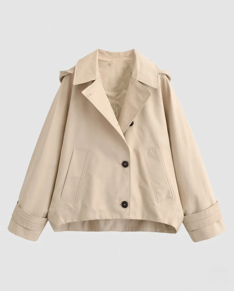 Damen Kurz geschnittener Boxy‑Trench mit Reverskragen und Oversize‑Ärmeln Nord Taschen