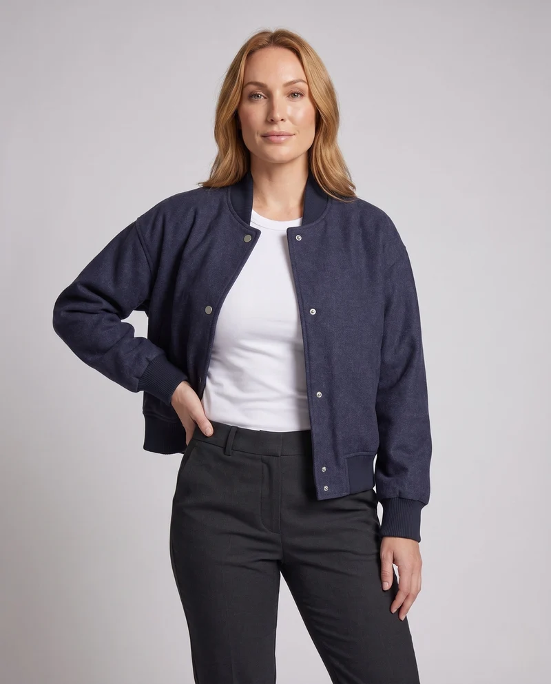 Damen Kurz geschnittene Boxy‑Bomberjacke aus Wollmix mit Druckknöpfen, Rippbündchen und seitlichen Eingrifftaschen Nord Taschen
