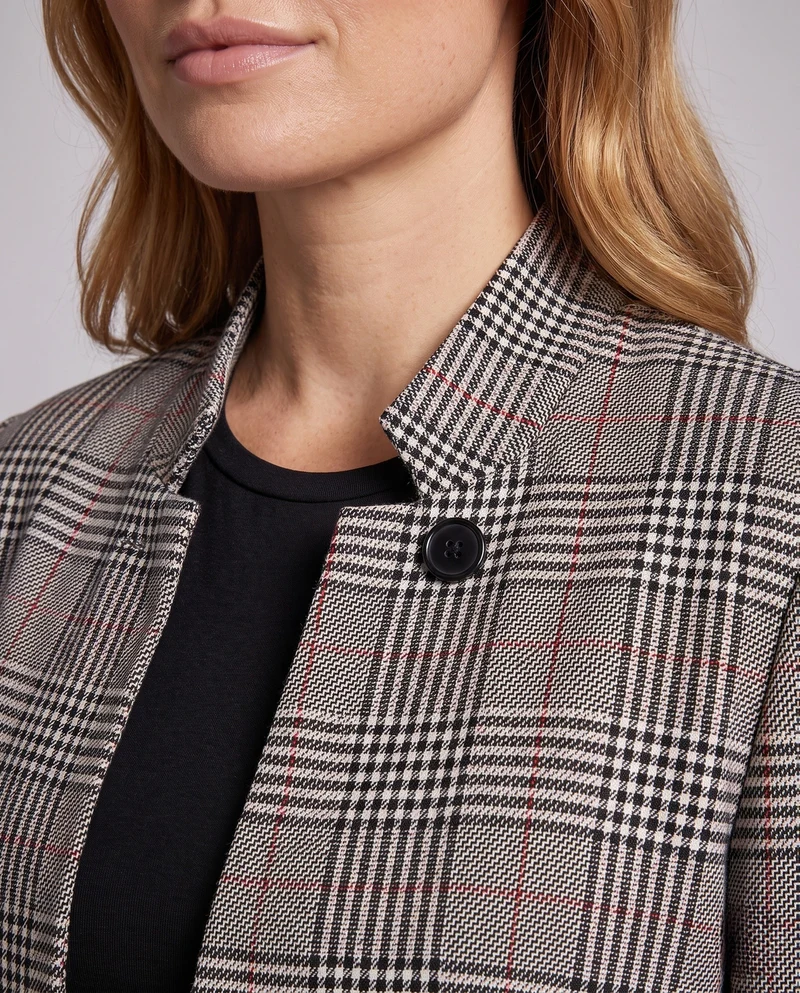 Damen Kurzblazer im Glencheck mit Stehkragen, Ein-Knopf‑Verschluss und aufgesetzten Taschen Nord Taschen