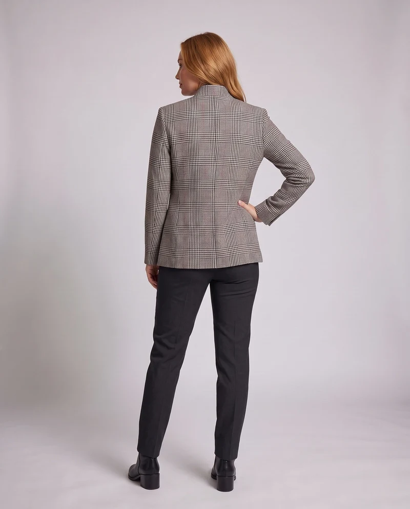 Damen Kurzblazer im Glencheck mit Stehkragen, Ein-Knopf‑Verschluss und aufgesetzten Taschen Nord Taschen