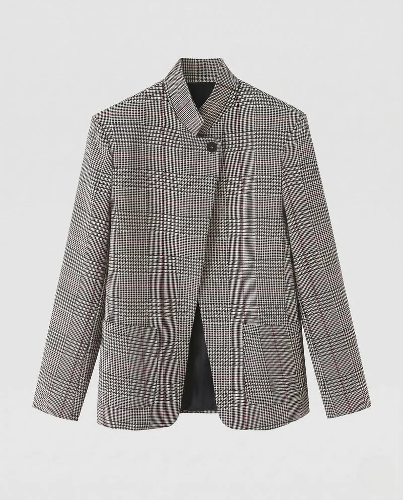 Damen Kurzblazer im Glencheck mit Stehkragen, Ein-Knopf‑Verschluss und aufgesetzten Taschen Nord Taschen