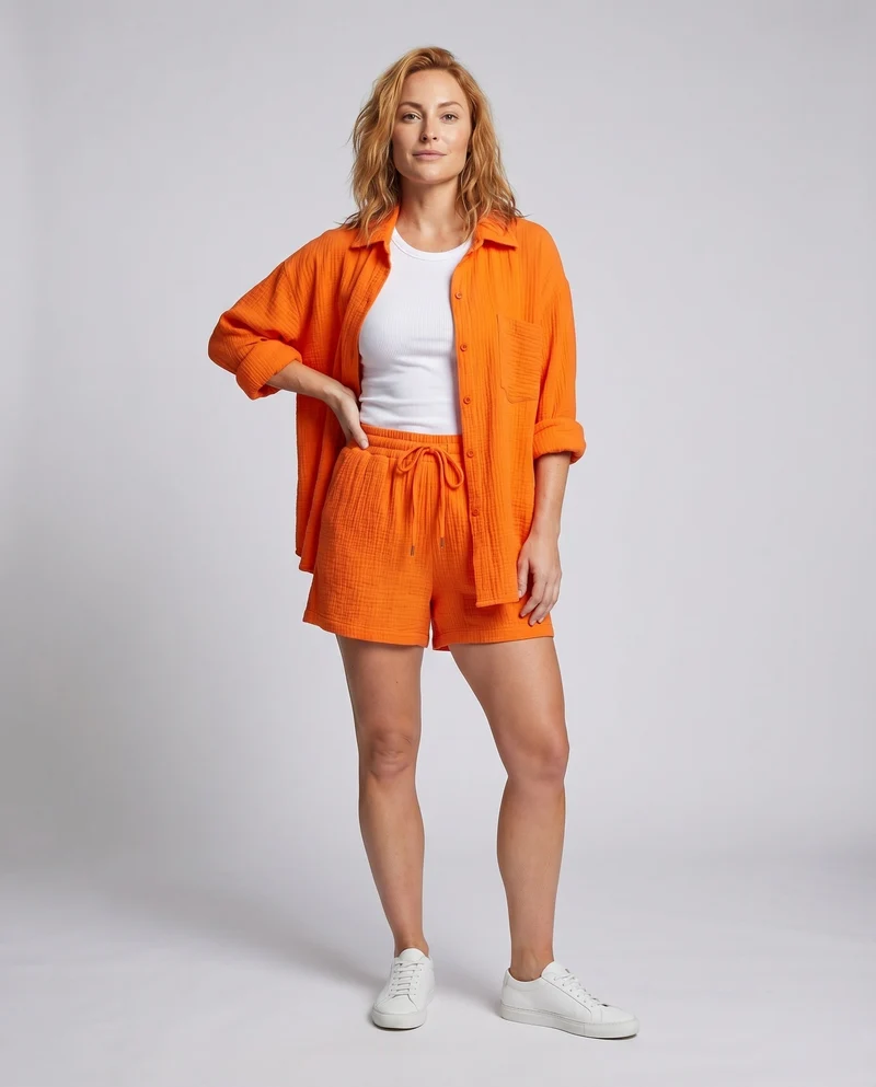 Damen Musselin-Set Oversize-Hemdjacke Shorts mit Kordelzug Baumwollgaze - Vittorelli