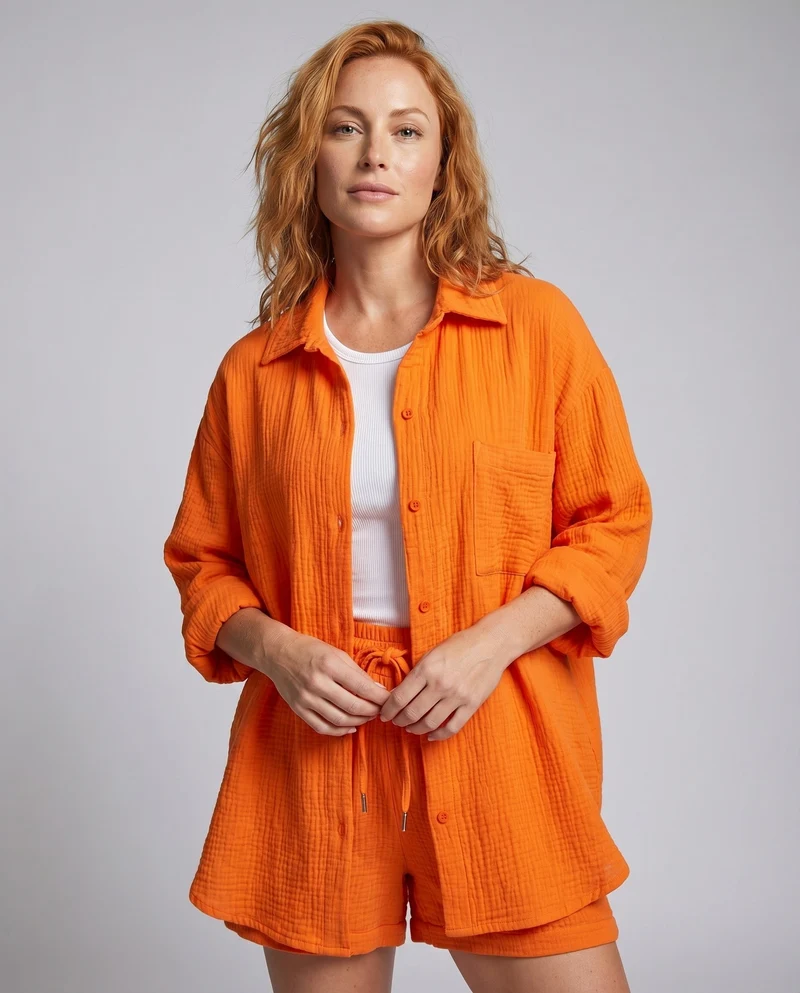 Damen Musselin-Set Oversize-Hemdjacke Shorts mit Kordelzug Baumwollgaze - Vittorelli
