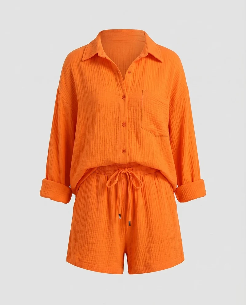 Damen Musselin-Set Oversize-Hemdjacke Shorts mit Kordelzug Baumwollgaze - Vittorelli