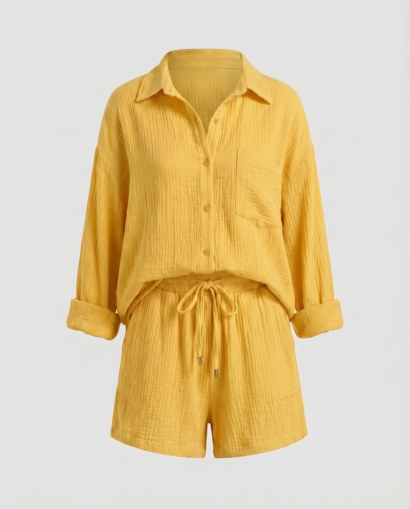 Damen Musselin-Set Oversize-Hemdjacke Shorts mit Kordelzug Baumwollgaze - Vittorelli