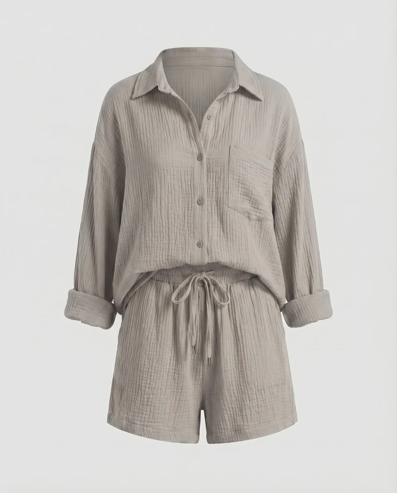 Damen Musselin-Set Oversize-Hemdjacke Shorts mit Kordelzug Baumwollgaze - Vittorelli