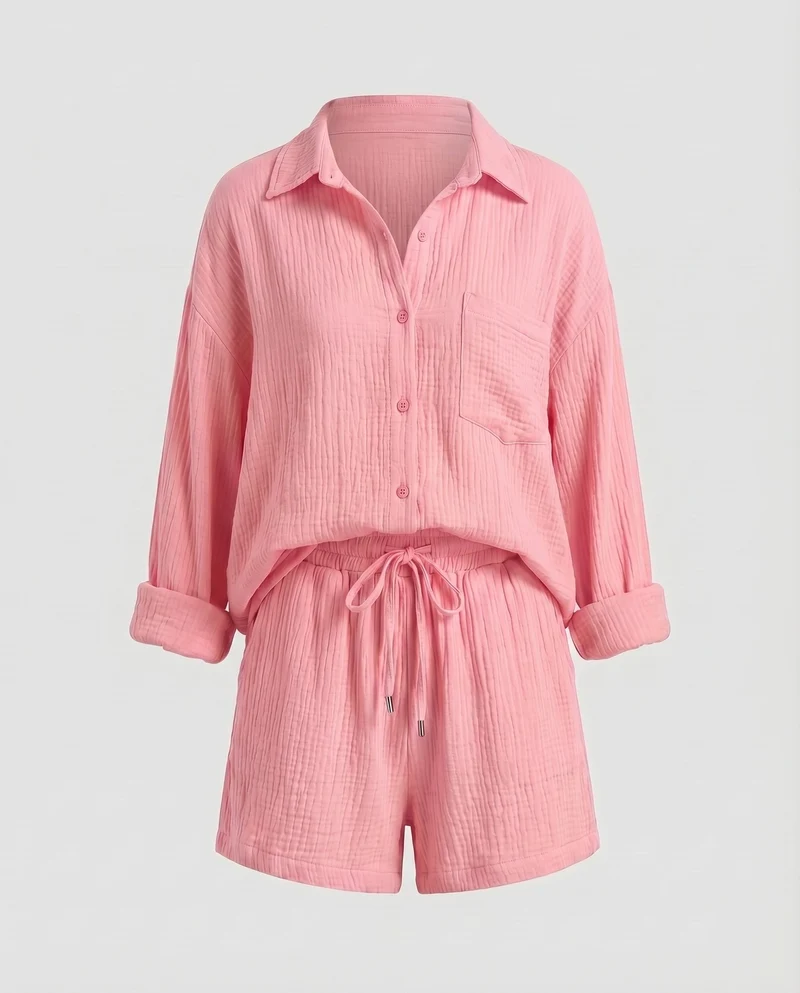 Damen Musselin-Set Oversize-Hemdjacke Shorts mit Kordelzug Baumwollgaze - Vittorelli