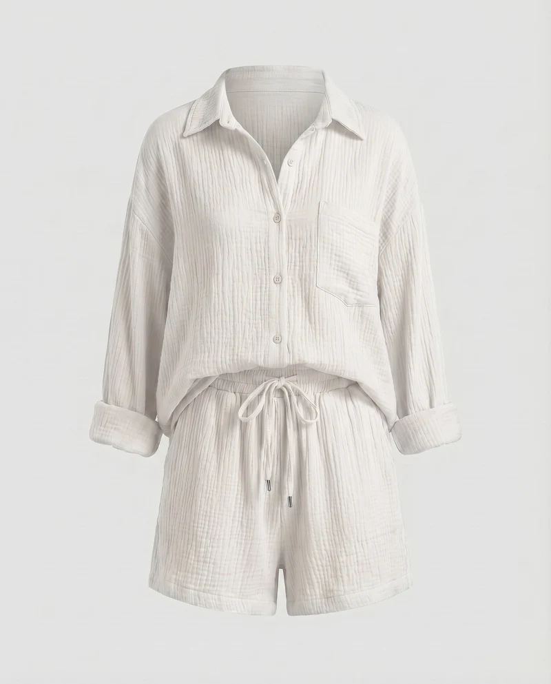 Damen Musselin-Set Oversize-Hemdjacke Shorts mit Kordelzug Baumwollgaze - Vittorelli