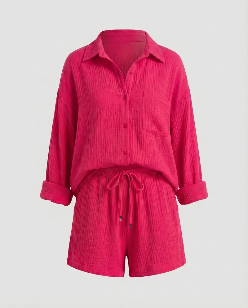Damen Musselin-Set Oversize-Hemdjacke Shorts mit Kordelzug Baumwollgaze - Vittorelli