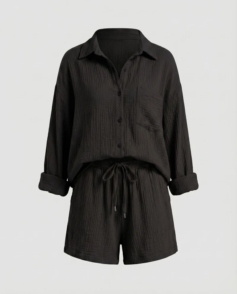 Damen Musselin-Set Oversize-Hemdjacke Shorts mit Kordelzug Baumwollgaze - Vittorelli