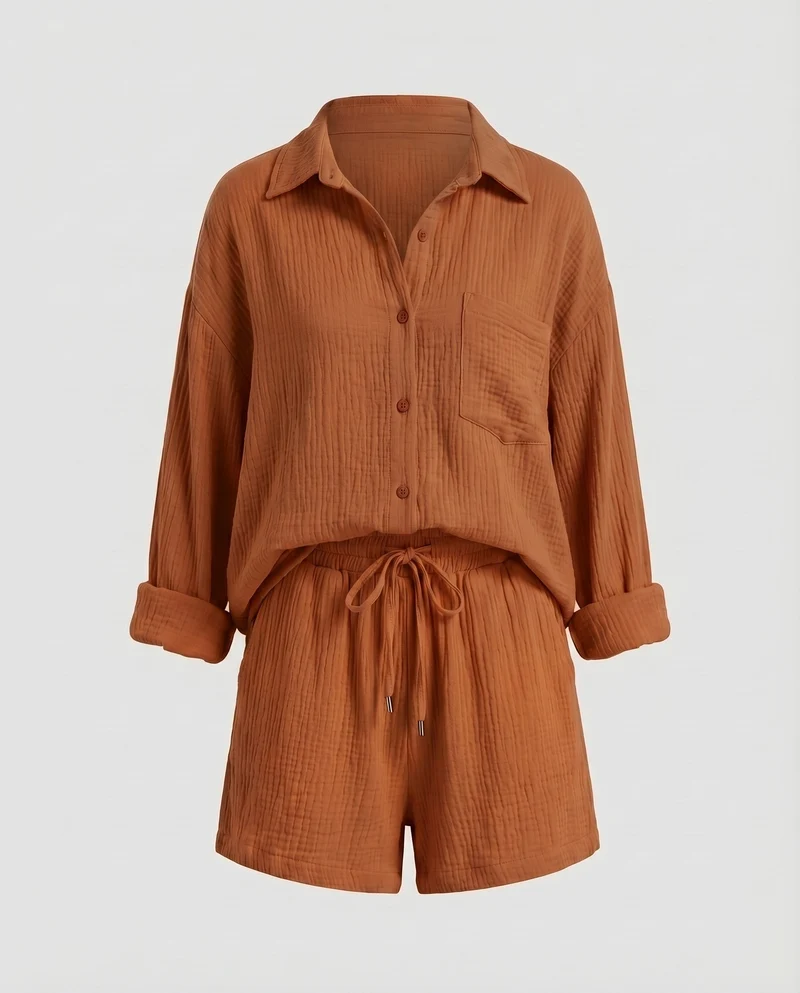 Damen Musselin-Set Oversize-Hemdjacke Shorts mit Kordelzug Baumwollgaze - Vittorelli