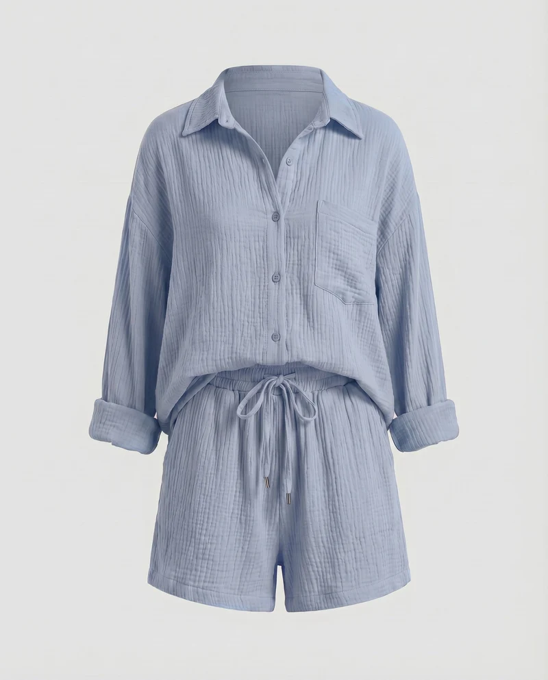 Damen Musselin-Set Oversize-Hemdjacke Shorts mit Kordelzug Baumwollgaze - Vittorelli