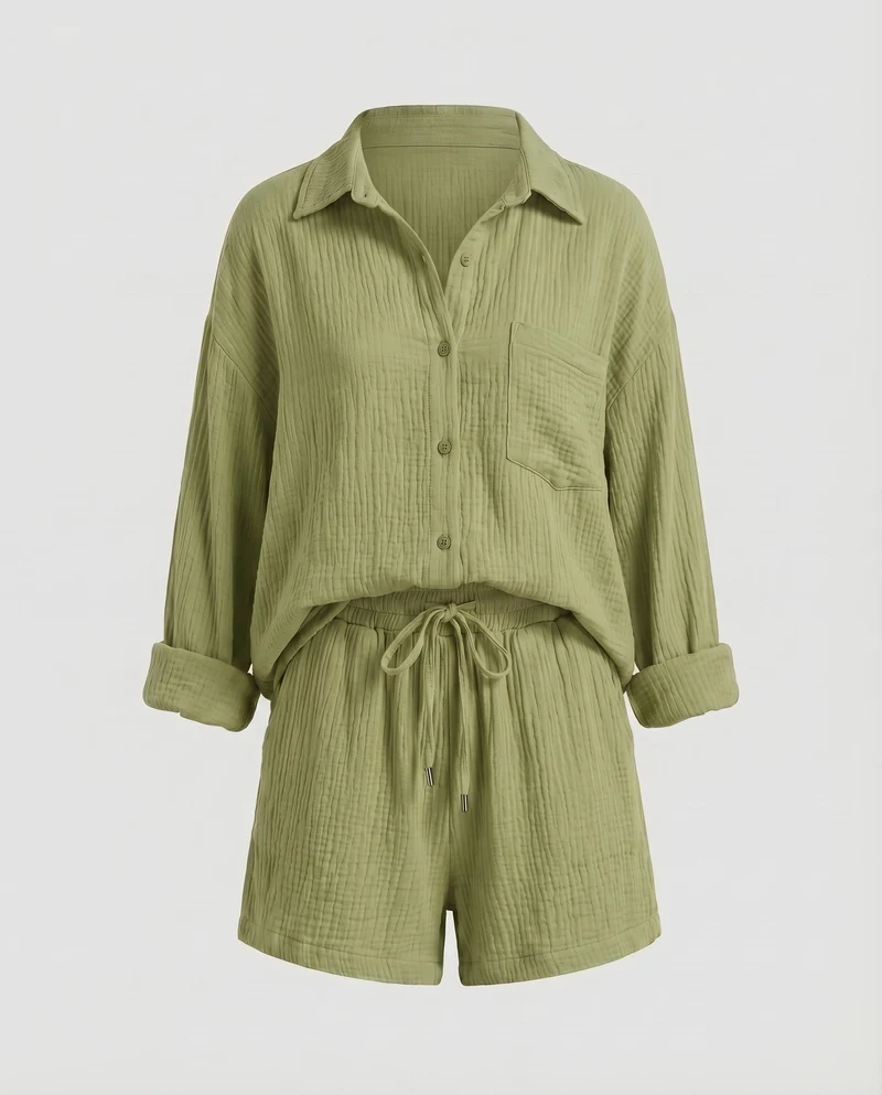 Damen Musselin-Set Oversize-Hemdjacke Shorts mit Kordelzug Baumwollgaze - Vittorelli
