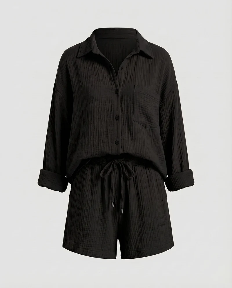 Damen Musselin-Set Oversize-Hemdjacke Shorts mit Kordelzug Baumwollgaze - Vittorelli