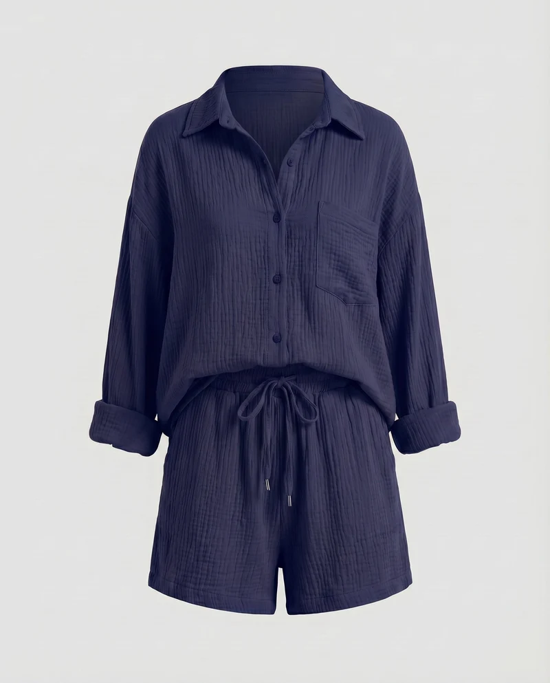 Damen Musselin-Set Oversize-Hemdjacke Shorts mit Kordelzug Baumwollgaze - Vittorelli