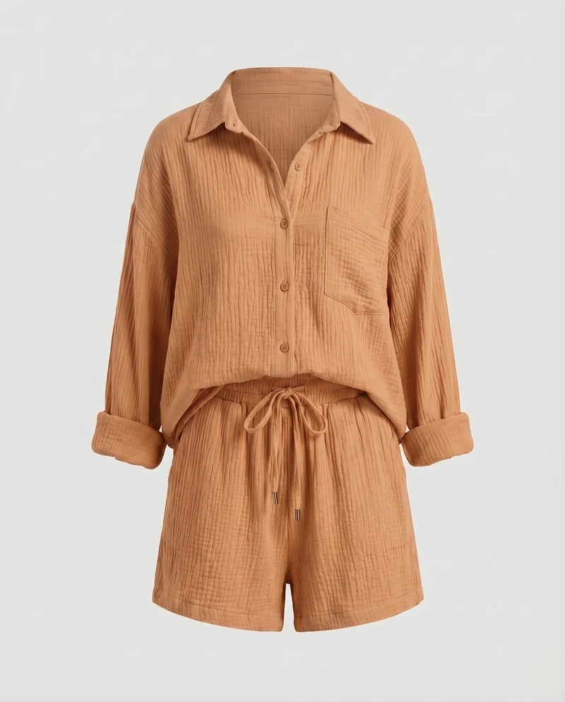 Damen Musselin-Set Oversize-Hemdjacke Shorts mit Kordelzug Baumwollgaze - Vittorelli