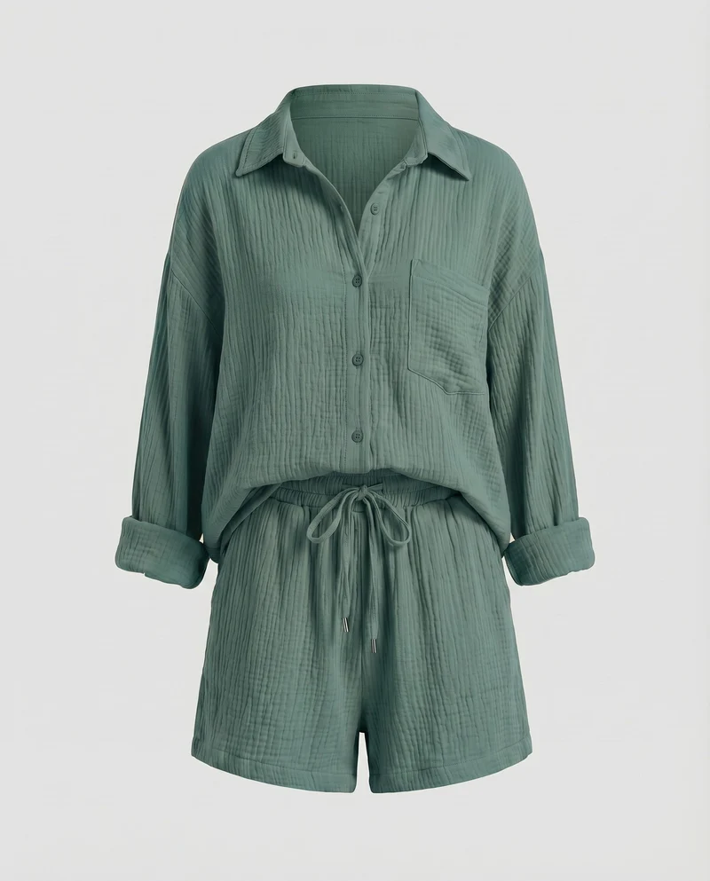 Damen Musselin-Set Oversize-Hemdjacke Shorts mit Kordelzug Baumwollgaze - Vittorelli