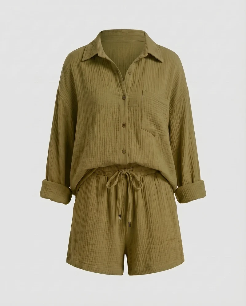 Damen Musselin-Set Oversize-Hemdjacke Shorts mit Kordelzug Baumwollgaze - Vittorelli