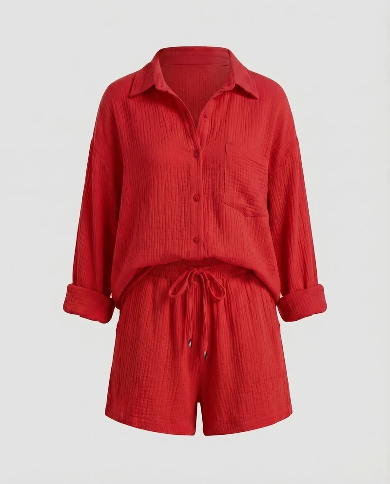 Damen Musselin-Set Oversize-Hemdjacke Shorts mit Kordelzug Baumwollgaze - Vittorelli