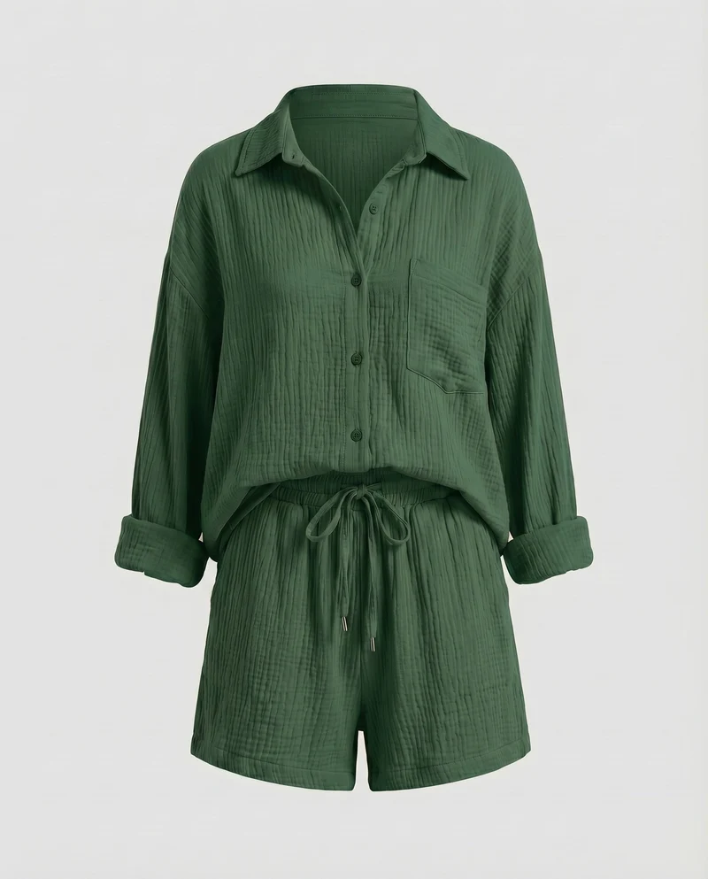 Damen Musselin-Set Oversize-Hemdjacke Shorts mit Kordelzug Baumwollgaze - Vittorelli