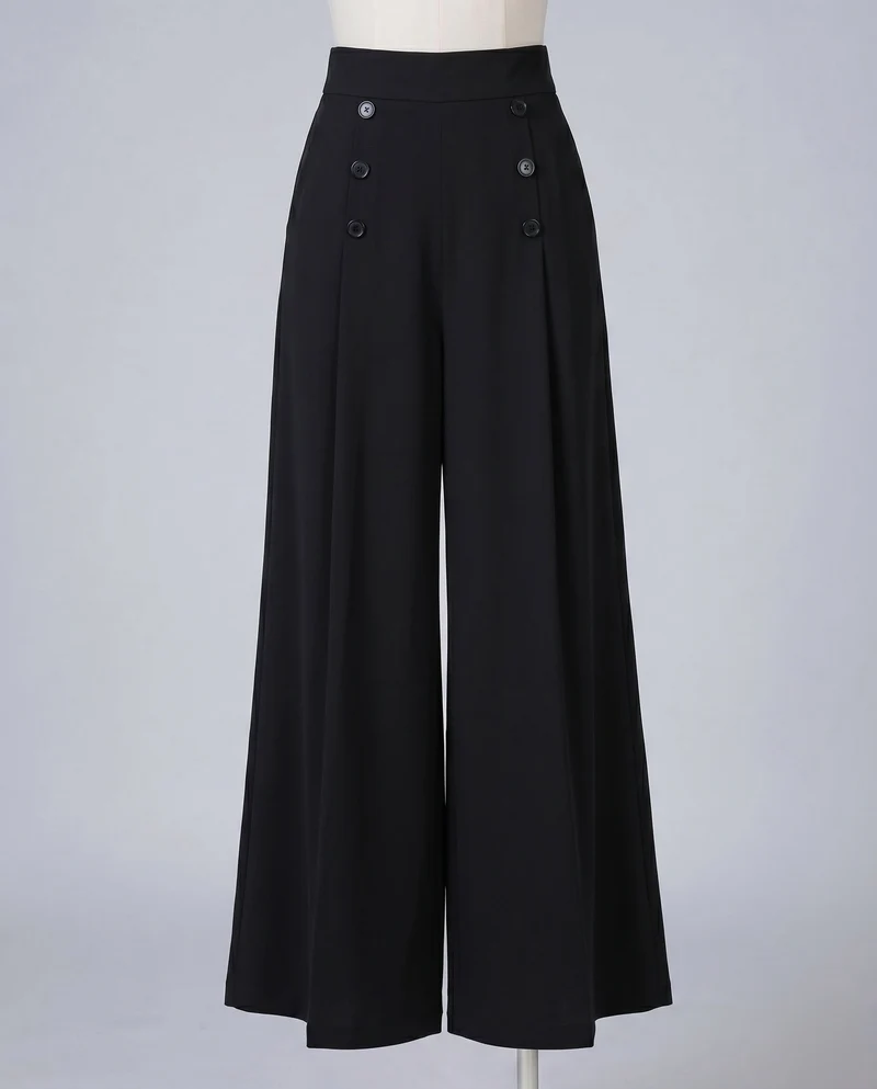 Damen Palazzo-Hose Zierknopfleiste Hoher Bund Weit