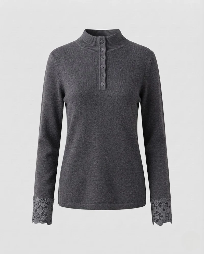Damen Feiner Stehkragenpullover mit dekorativer Knopfleiste und Spitzenmanschetten Nord Taschen