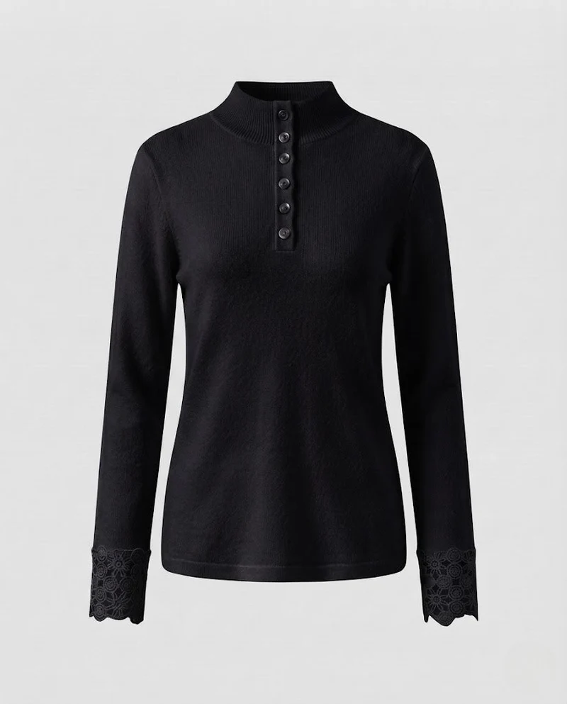 Damen Feiner Stehkragenpullover mit dekorativer Knopfleiste und Spitzenmanschetten Nord Taschen