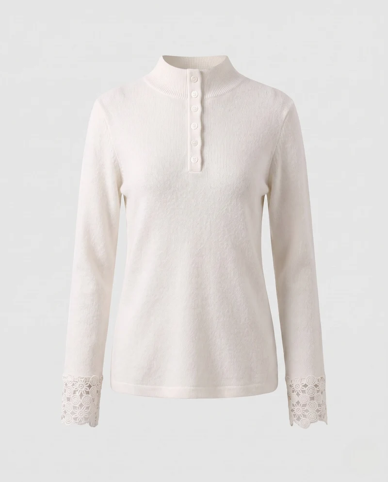 Damen Feiner Stehkragenpullover mit dekorativer Knopfleiste und Spitzenmanschetten Nord Taschen