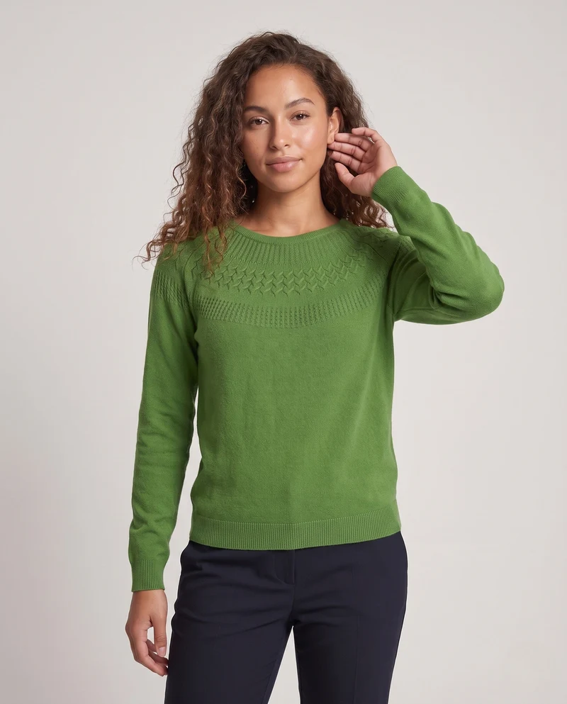 Damen Feiner Rundhalspullover mit Ajour‑Yoke und weichem Wollmix Nord Taschen