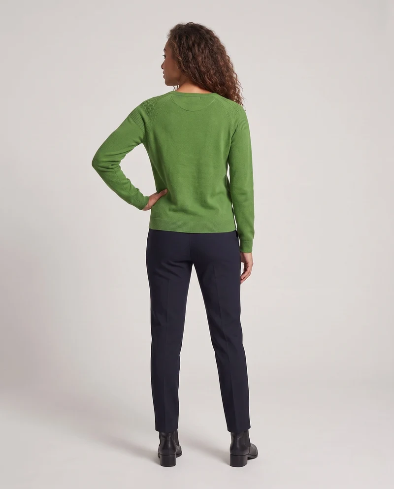 Damen Feiner Rundhalspullover mit Ajour‑Yoke und weichem Wollmix Nord Taschen