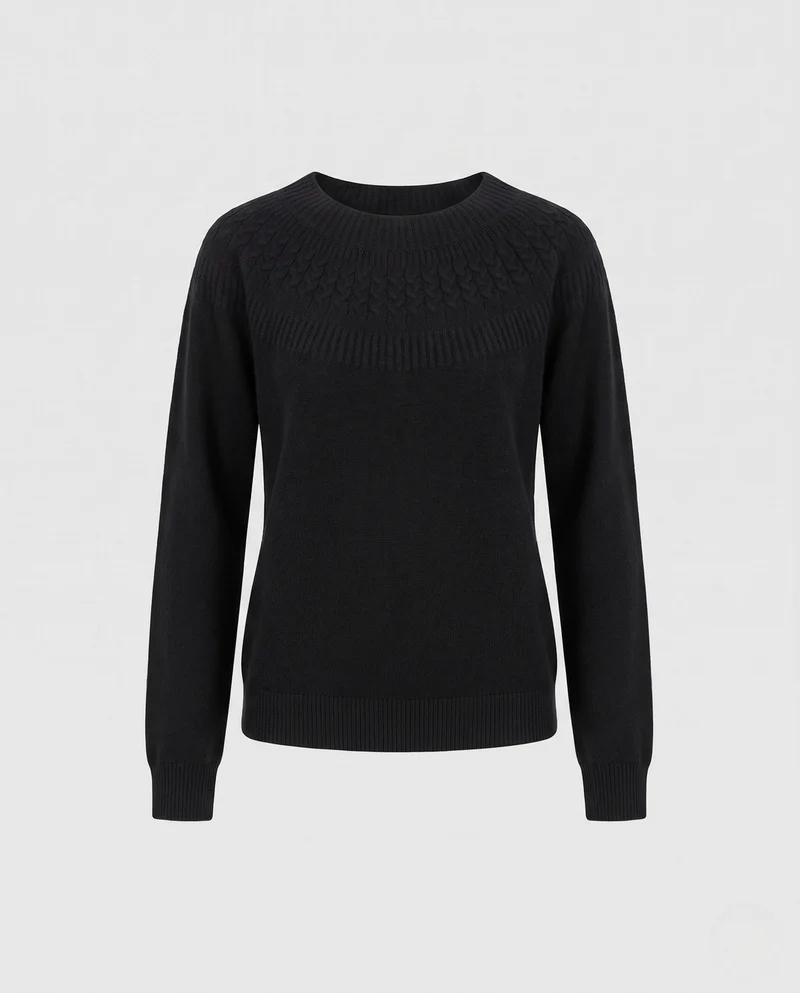 Damen Feiner Rundhalspullover mit Ajour‑Yoke und weichem Wollmix Nord Taschen