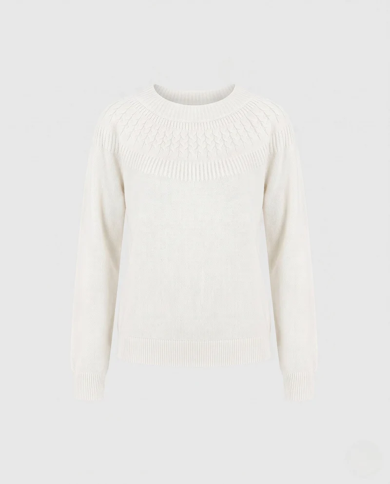 Damen Feiner Rundhalspullover mit Ajour‑Yoke und weichem Wollmix Nord Taschen