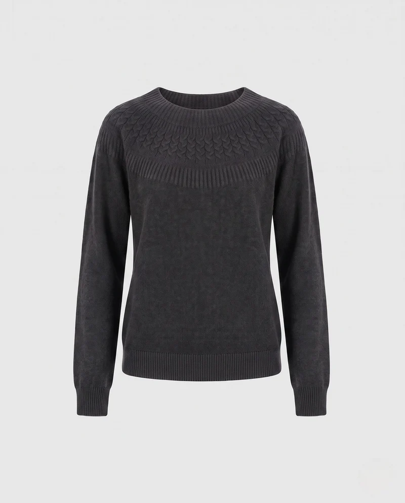Damen Feiner Rundhalspullover mit Ajour‑Yoke und weichem Wollmix Nord Taschen