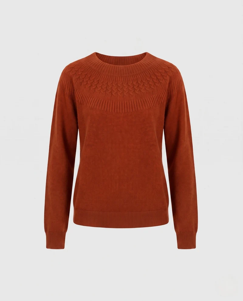 Damen Feiner Rundhalspullover mit Ajour‑Yoke und weichem Wollmix Nord Taschen