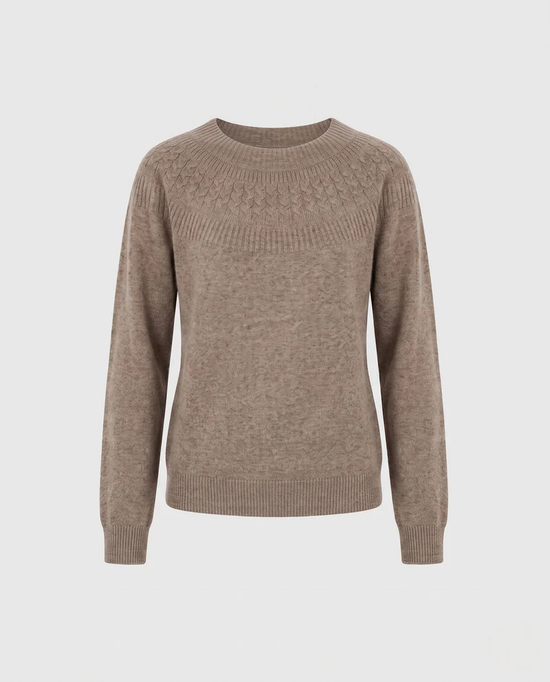 Damen Feiner Rundhalspullover mit Ajour‑Yoke und weichem Wollmix Nord Taschen