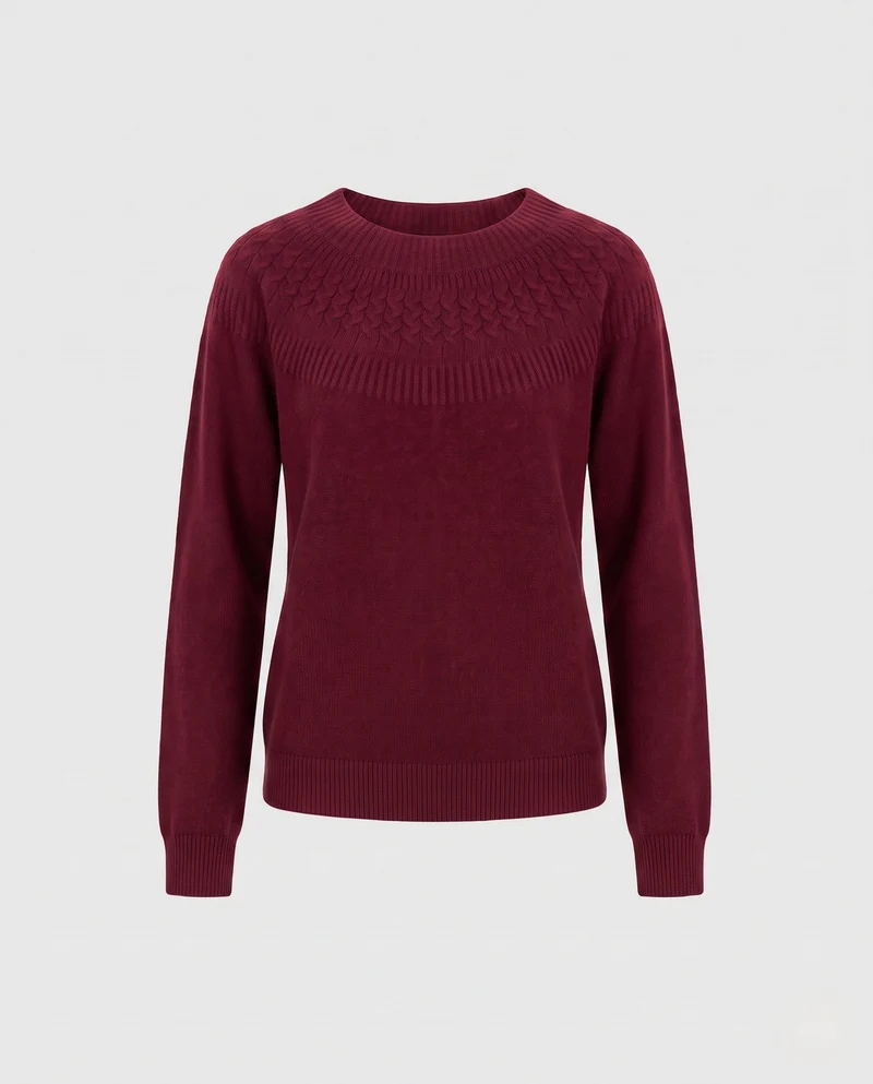 Damen Feiner Rundhalspullover mit Ajour‑Yoke und weichem Wollmix Nord Taschen