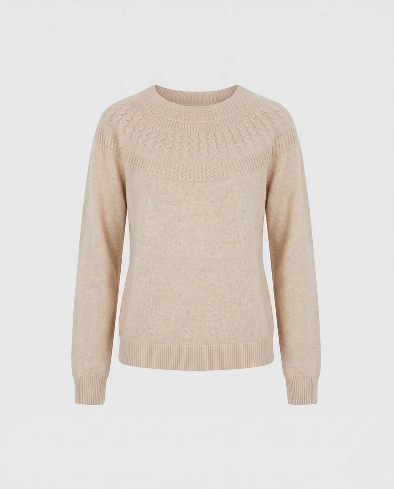 Damen Feiner Rundhalspullover mit Ajour‑Yoke und weichem Wollmix Nord Taschen
