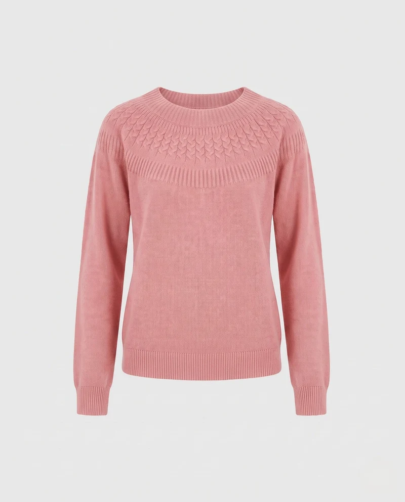 Damen Feiner Rundhalspullover mit Ajour‑Yoke und weichem Wollmix Nord Taschen