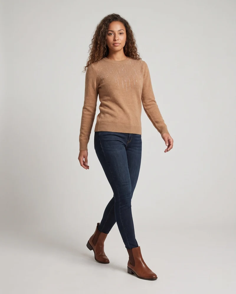 Damen Feiner Rundhalspullover mit funkelnder Strass‑Cascade und kaschmirähnlicher Haptik Nord Taschen