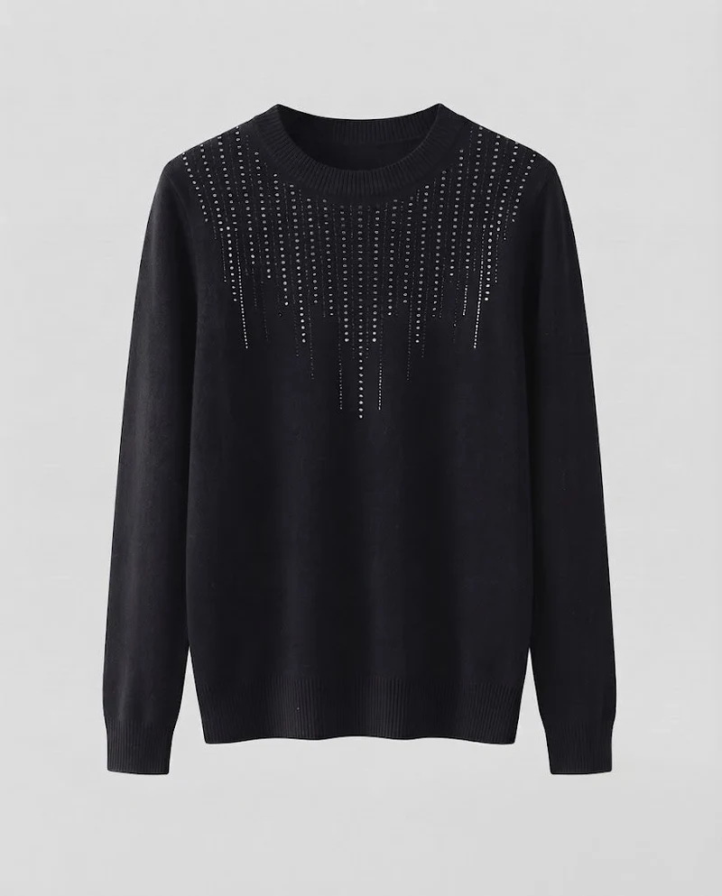 Damen Feiner Rundhalspullover mit funkelnder Strass‑Cascade und kaschmirähnlicher Haptik Nord Taschen