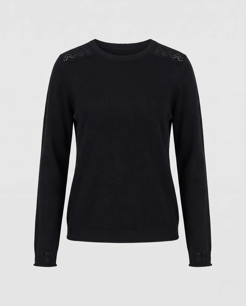 Damen Feiner Rundhals-Pullover aus weichem Feinstrick mit filigraner Ajour-Spitze am Halsausschnitt Nord Taschen