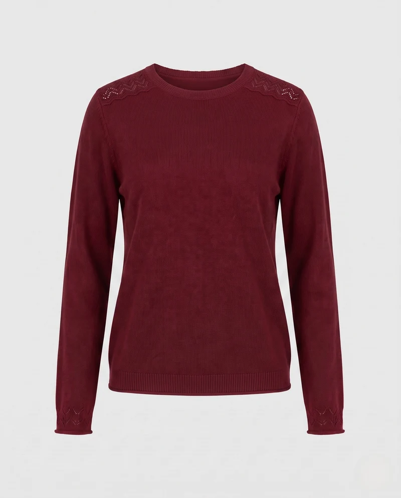 Damen Feiner Rundhals-Pullover aus weichem Feinstrick mit filigraner Ajour-Spitze am Halsausschnitt Nord Taschen