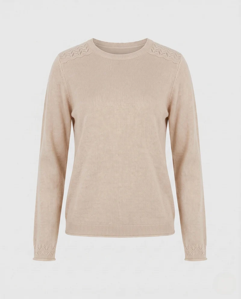 Damen Feiner Rundhals-Pullover aus weichem Feinstrick mit filigraner Ajour-Spitze am Halsausschnitt Nord Taschen