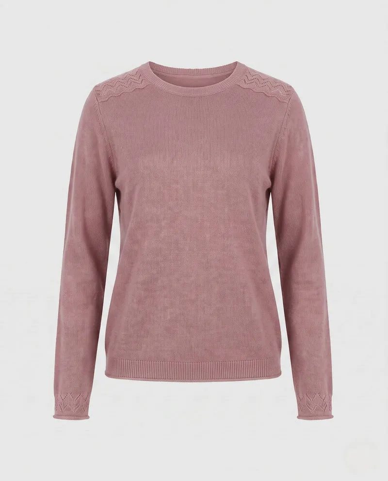 Damen Feiner Rundhals-Pullover aus weichem Feinstrick mit filigraner Ajour-Spitze am Halsausschnitt Nord Taschen