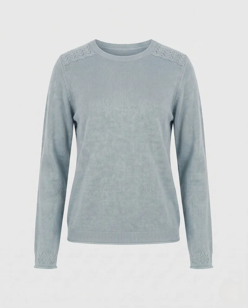 Damen Feiner Rundhals-Pullover aus weichem Feinstrick mit filigraner Ajour-Spitze am Halsausschnitt Nord Taschen