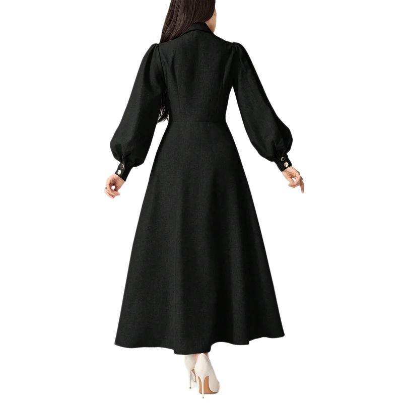 Damen Tailliertes Midikleid mit Ballonärmeln und Reverskragen Nord Taschen